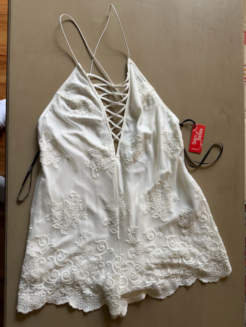 White Lace-Embroidered V-Neck Jumpsuit/Shorts